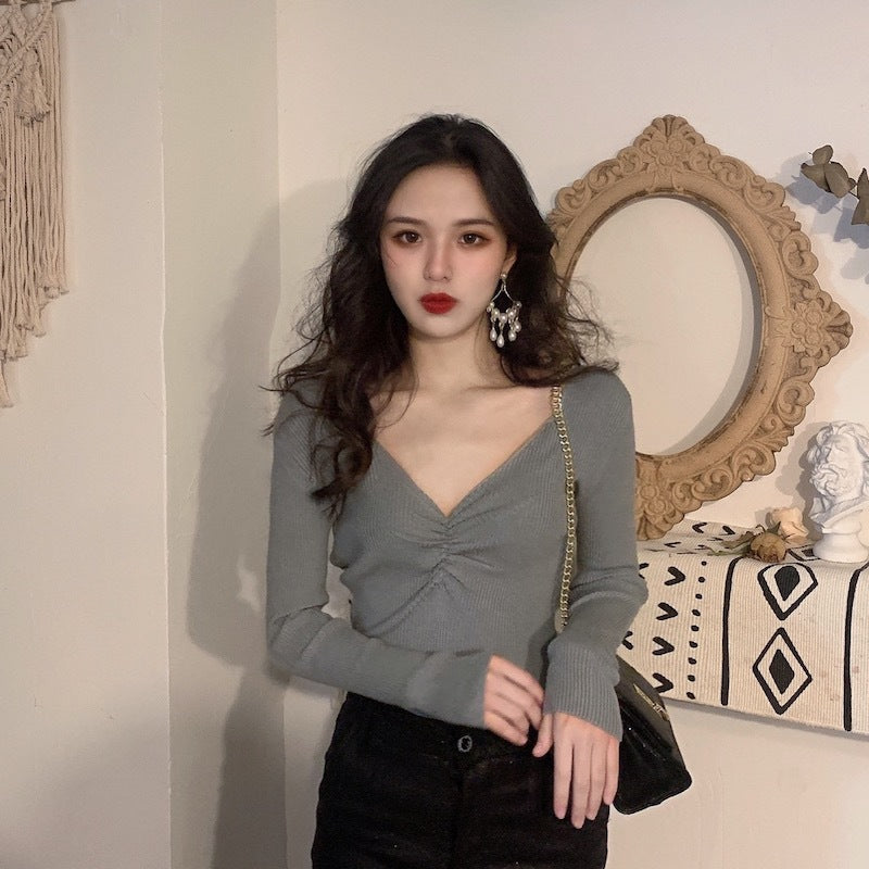 Pleated V-neck Knitted Bottoming Shirt Long Sleeve Sweater