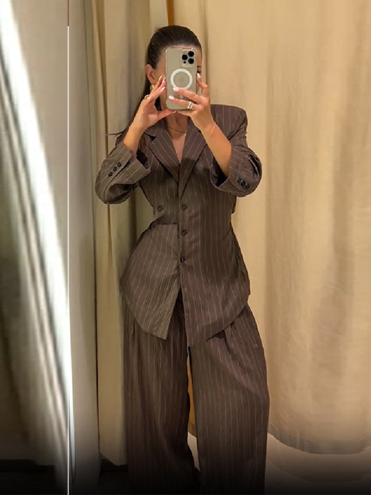 V-neck Temperament Waist-controlled Lace-up Striped Suit Jacket Trousers Suit