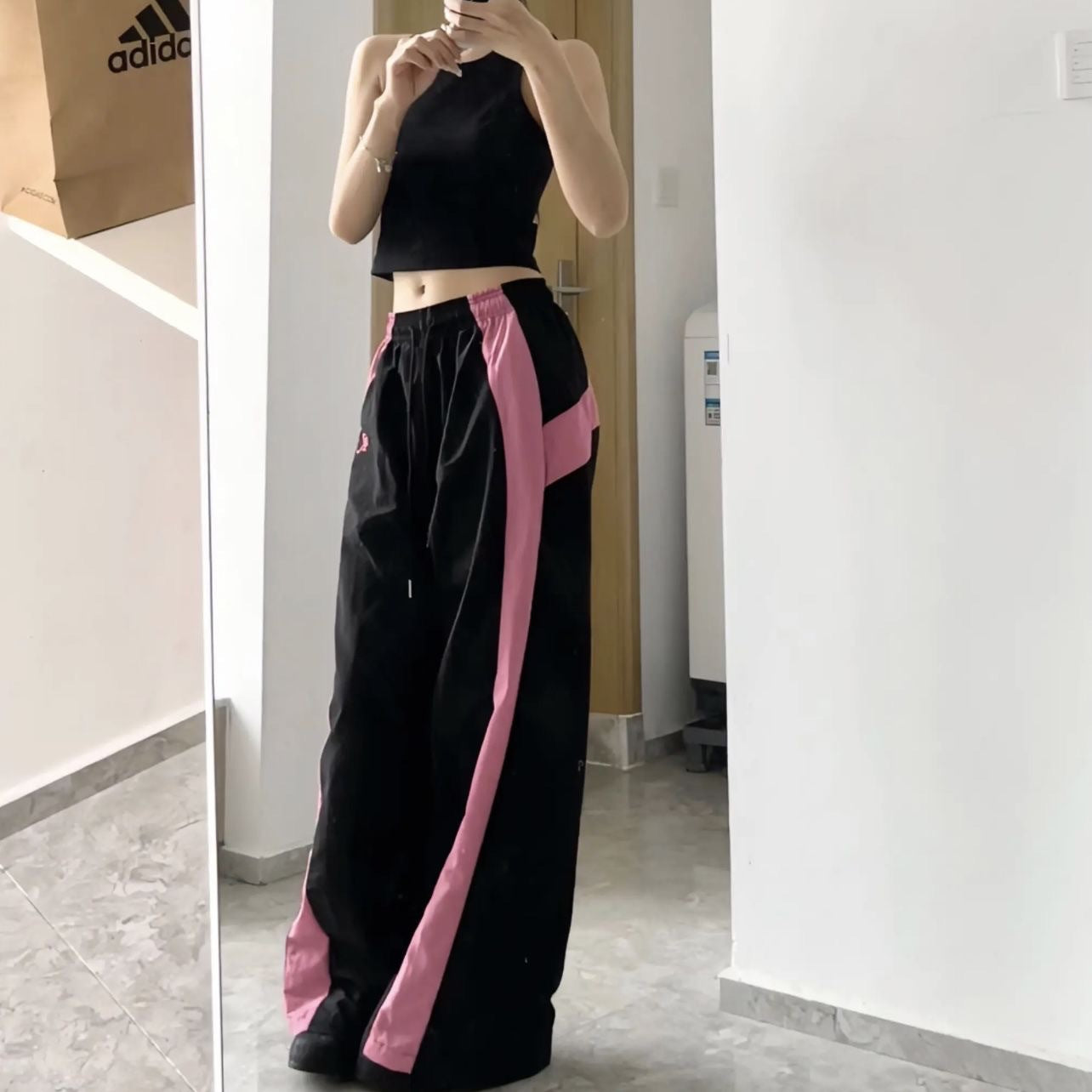 Contrast Patchwork Loose Casual Drawstring Wide-leg Pants