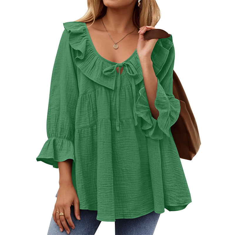 Round Neck Tied Front Dart Multi-layer Loose Waist Shirt
