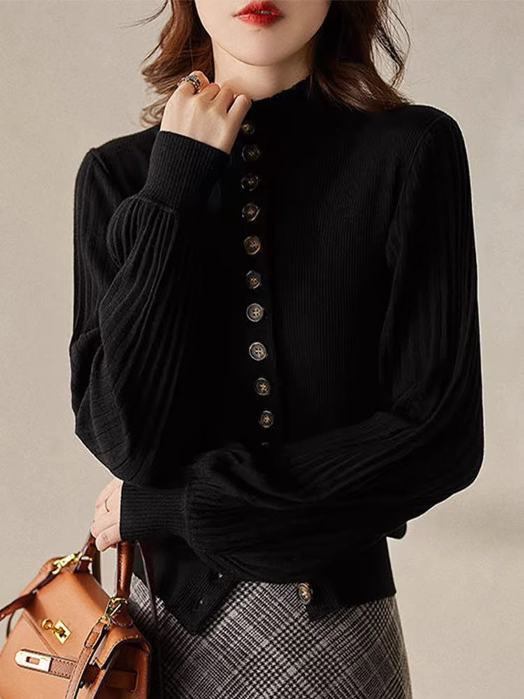 Retro Elegance Patchwork Stand-up Collar Knitted Cardigan