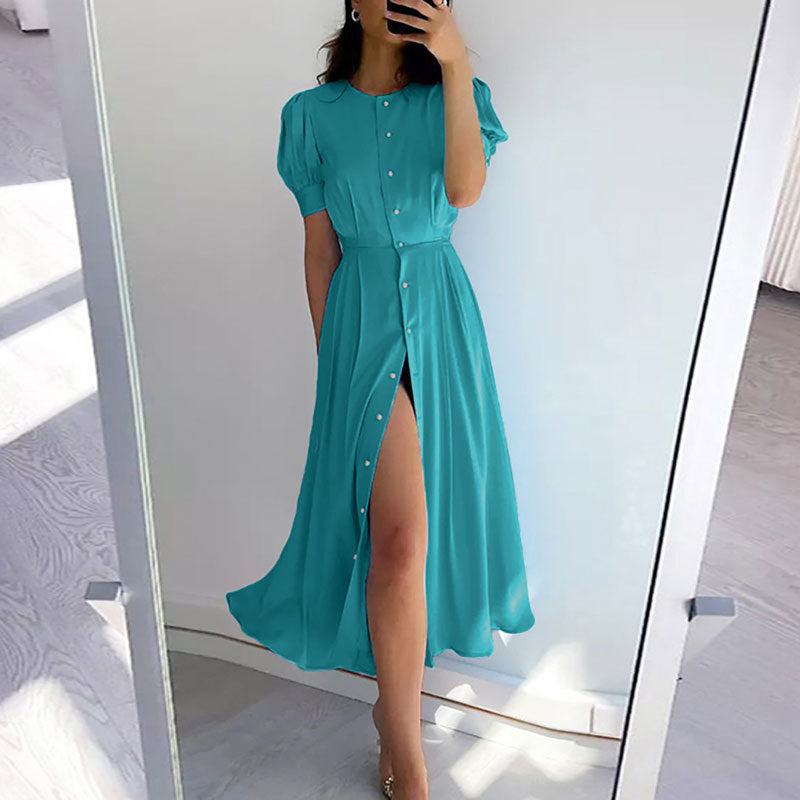 Solid-color Sophisticated High-waisted Shirt-style Split Dress