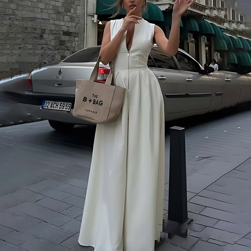 Versatile Solid-Color Zippered Sleeveless Patchwork Jumpsuit