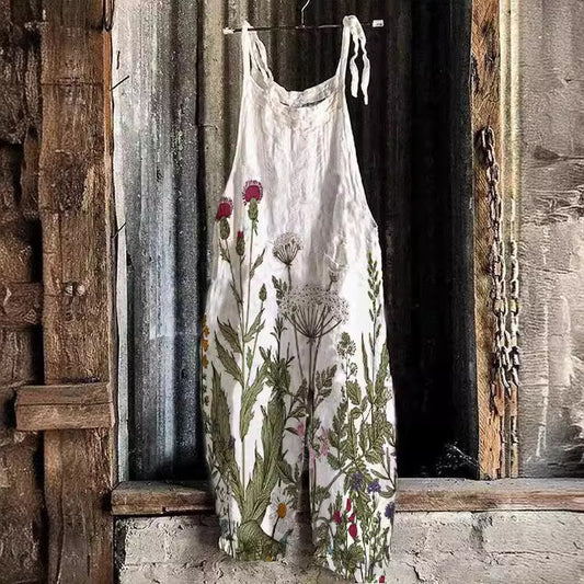 Women's Cotton Linen Suspender Trousers Printed Suspenders Casual Jumpsuit