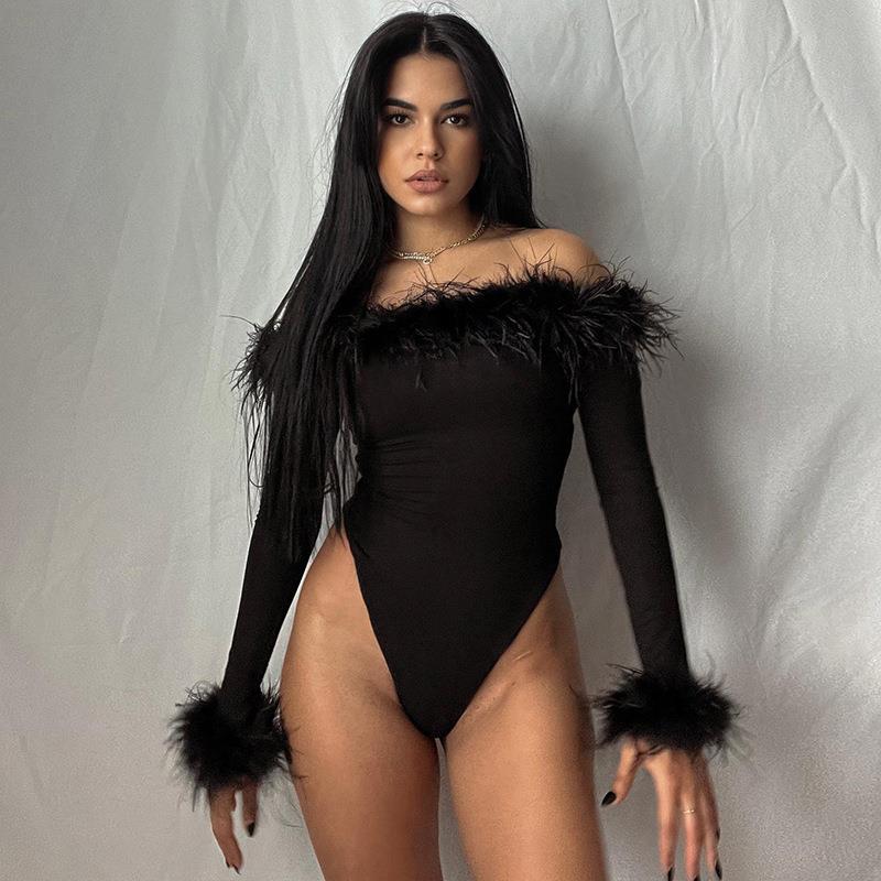 American-style Form-fitting Furry Off-shoulder Long-sleeve Jumpsuit For Outerwear