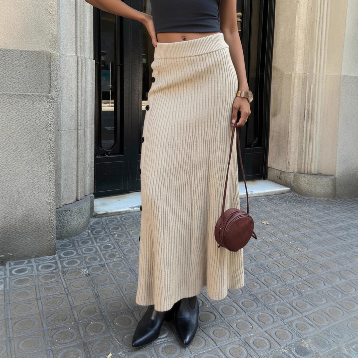 High-waisted Knit Midi Skirt With Side-button Detailing For A Slimming Fit