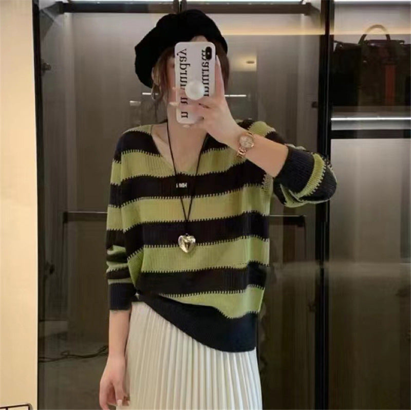 V-neck Needle Autumn New Striped Color Matching Long Sleeve Sweater Inner Bottoming Shirt Women