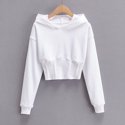 European And American Slim Fitting Navel Solid Hooded Sweater
