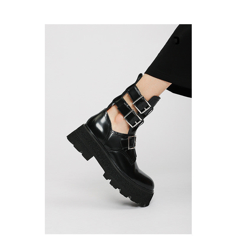 New Leather And Black Muffin Platform Hollow Boots