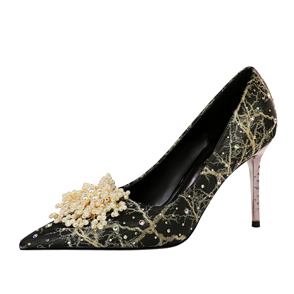 Women's High Heel Pointed Toe Pearl Flower Rhinestone Shoes