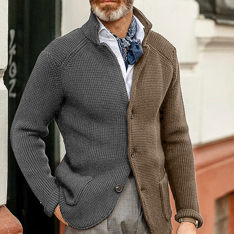Color Blocked Slim Stand Collar Long Sleeve Knitted Coat