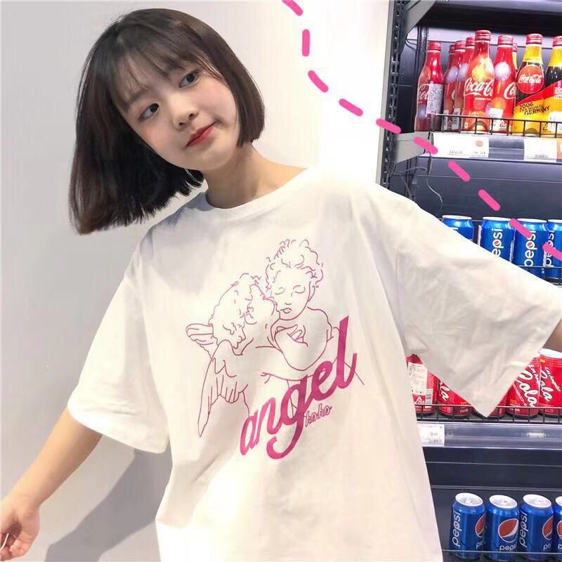 Women's Loose-Fitting Cute Little Angel Printed Short-Sleeve Top