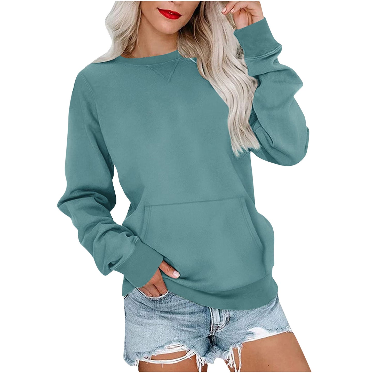 Ensfarvet pullover sweatshirt med lomme moderigtig løs rund hals langærmet top dametøj