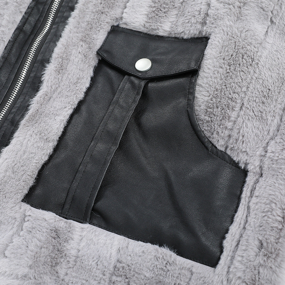Pocket Color Contrast Patchwork Pu Lamb Wool Stand Collar Coat