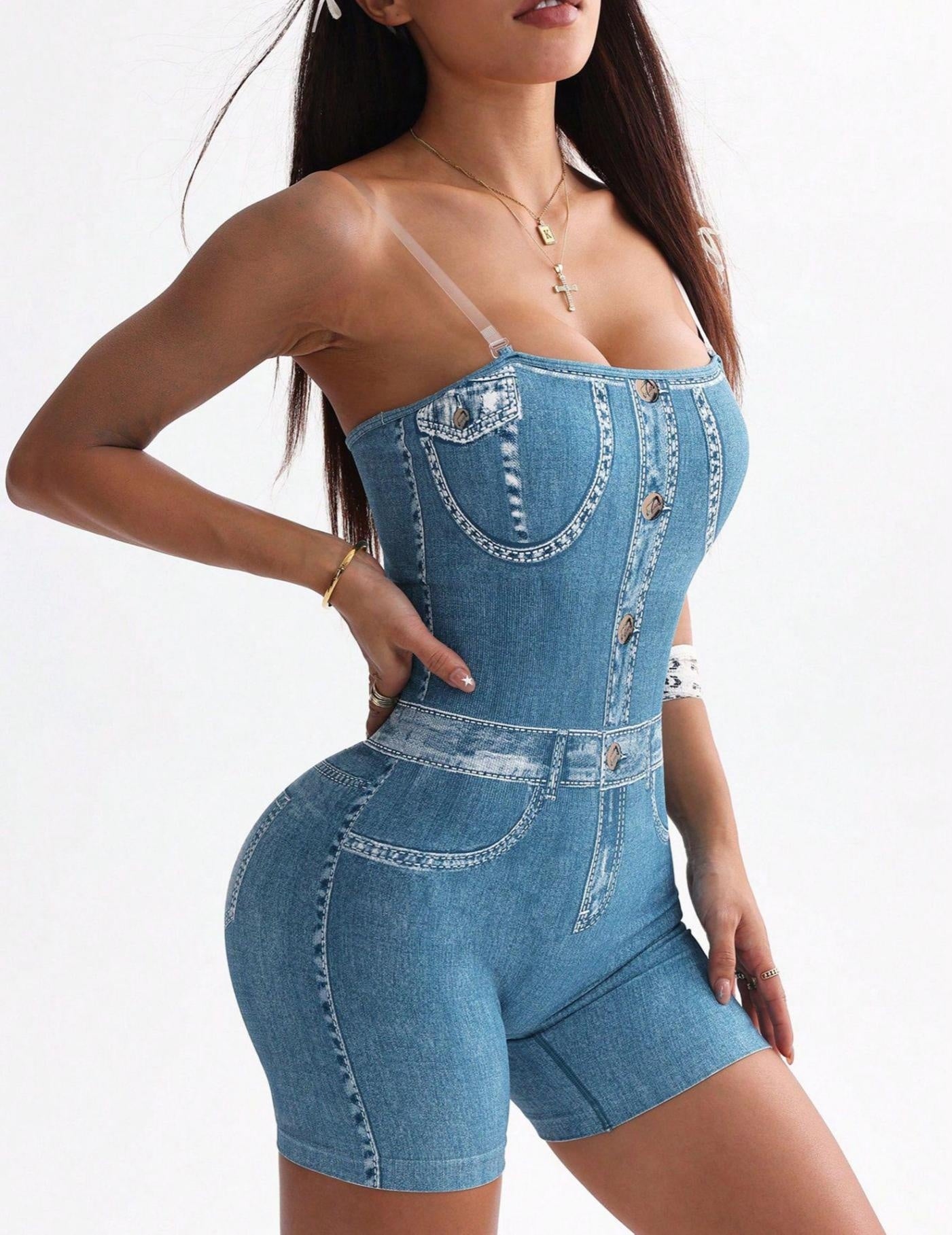 Denim Camisole Vest Shorts Jumpsuit 3D