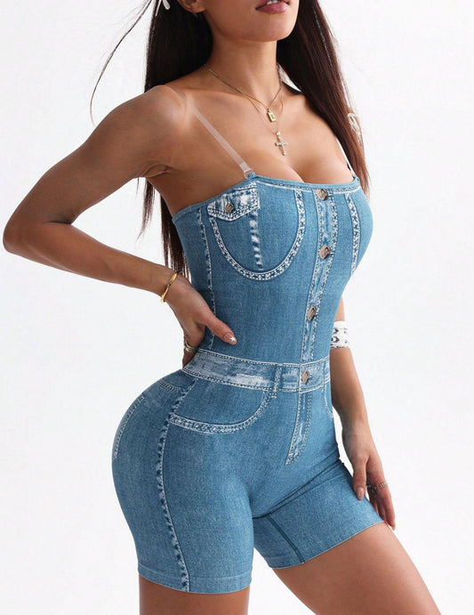 Denim Camisole Vest Shorts Jumpsuit 3D