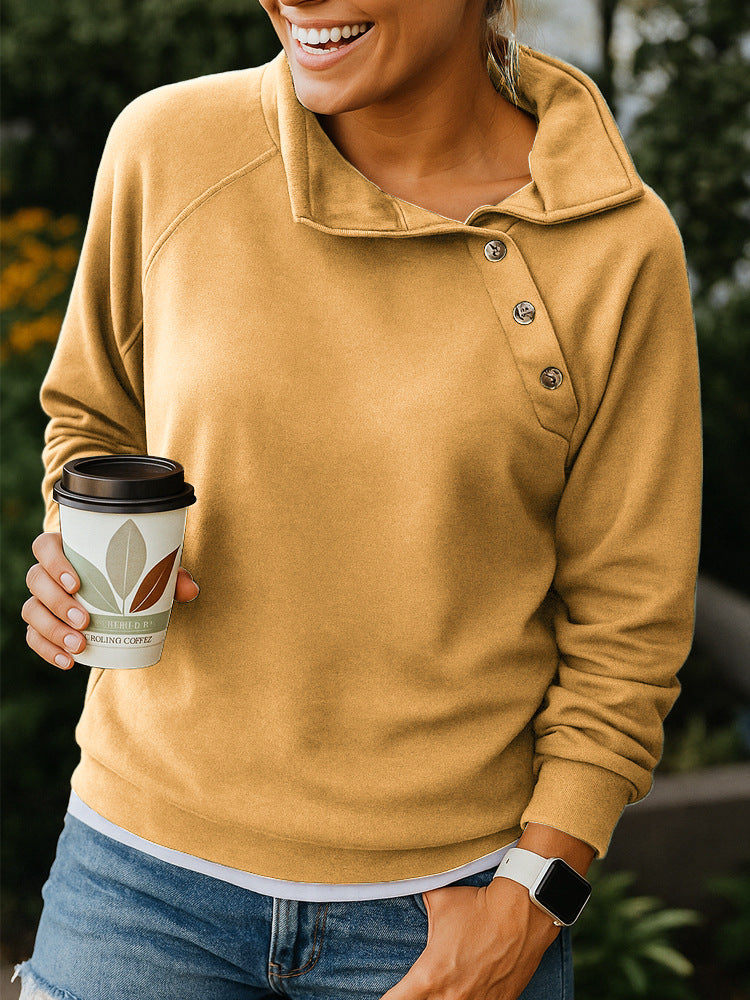 Casual Loose And Stylish Long Sleeves Button Diagonal Collar Sweater
