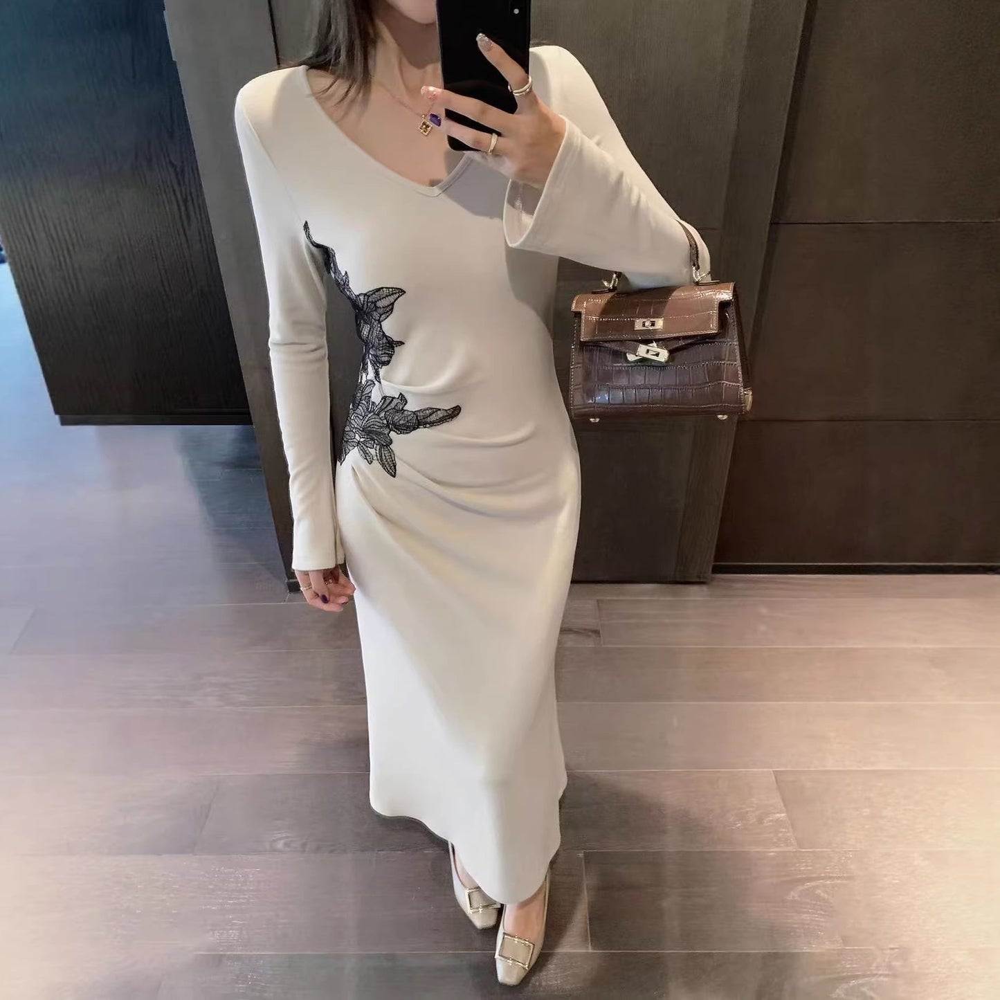 Womens Slim-fit Lace V-neck Knitted Dress