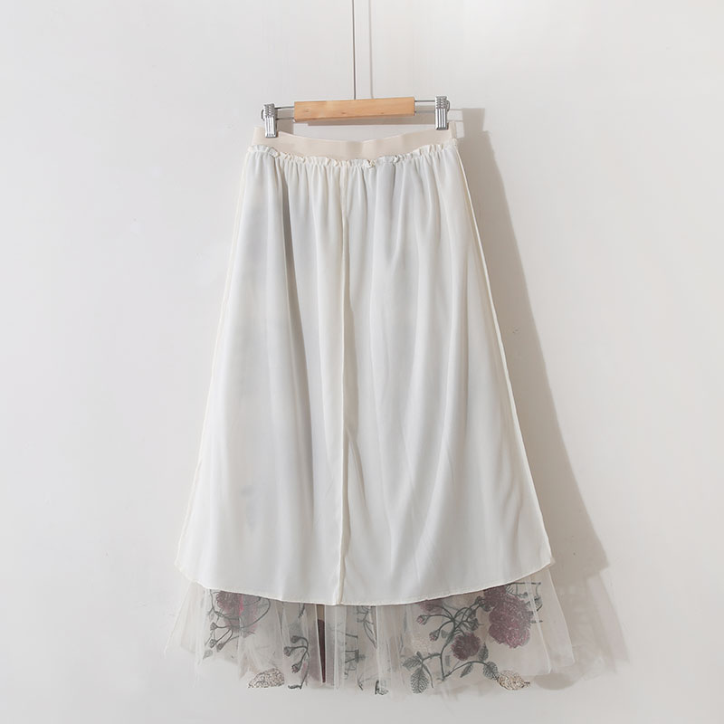 Vintage High Waist Slim Embroidery Big Flower Fashion Sweet Mesh Mid Length Fairy Half Length Dress