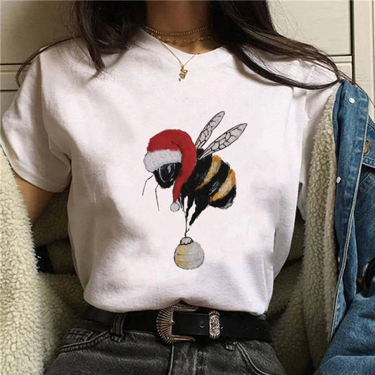 Personalized Cartoon Christmas Bee Print Regular Short Sleeve