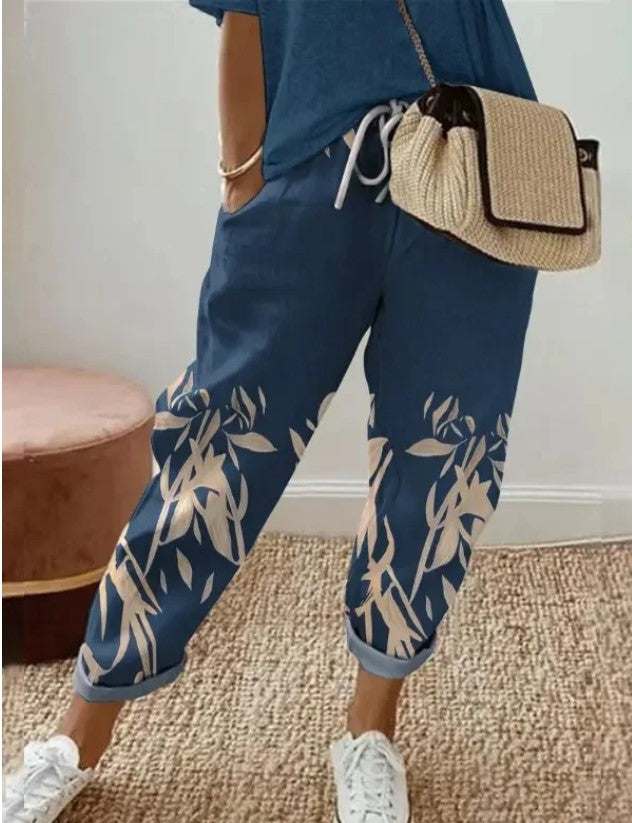 Printed Pocket Fashion Lace-up Straight-leg Trousers