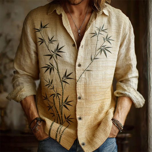 Mens Simple Lapel-Style Printed Long-Sleeve Shirt