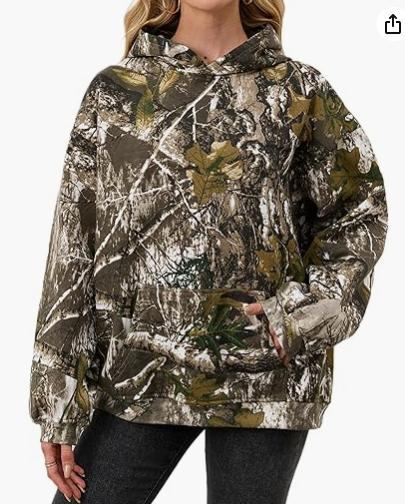 Camo uldhættetrøje til kvinder med lange ærmer, sænkede skuldre, oversized