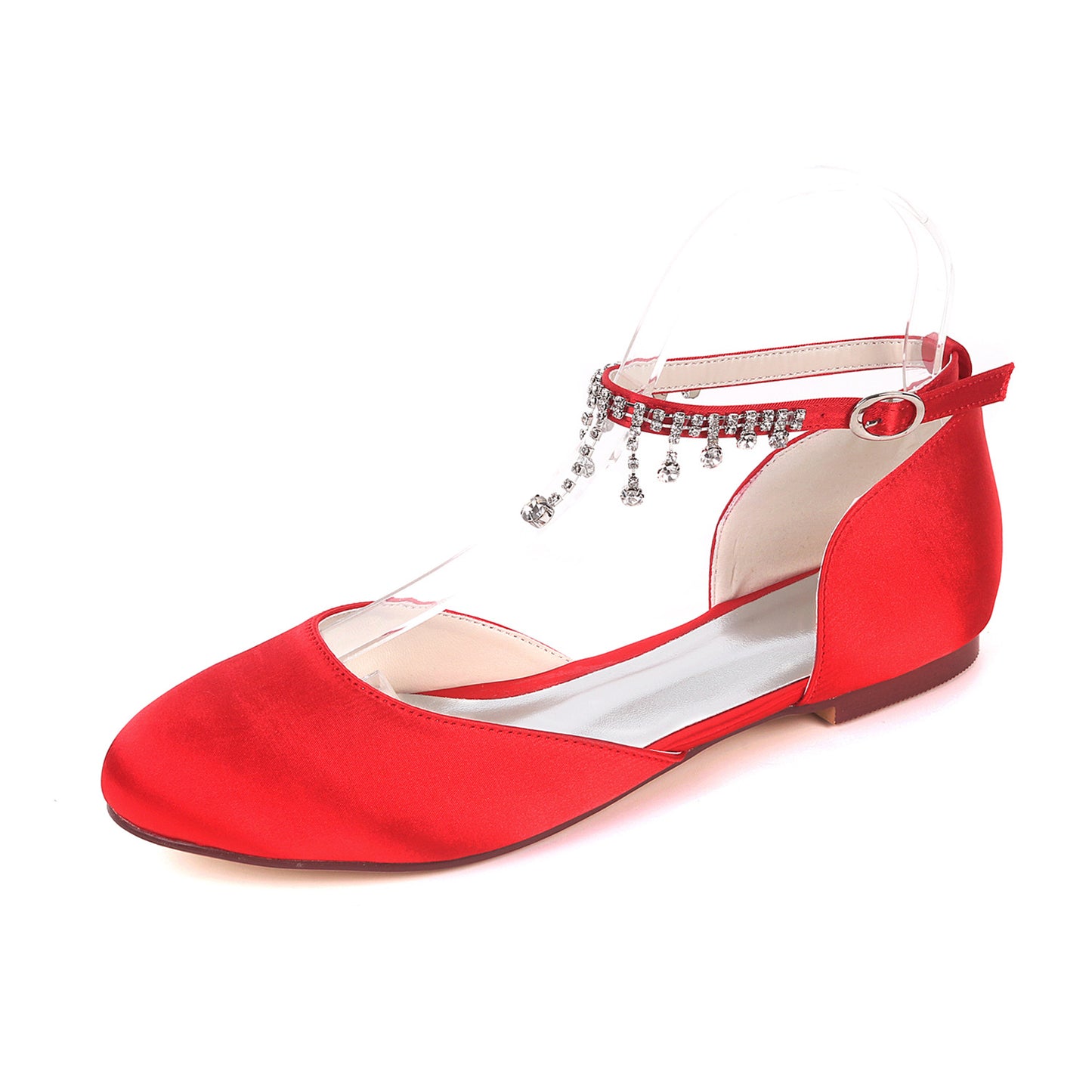 Satin Round Toe Hollow Rhinestone Chain Flat Wedding Shoes