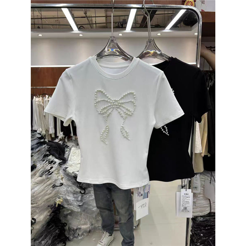 New Beaded Pearl Bow Short-sleeve Top