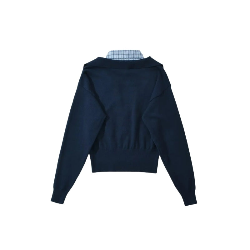Women's American-style Retro Lapels Plaid Contrast Color Long-sleeved Sweater