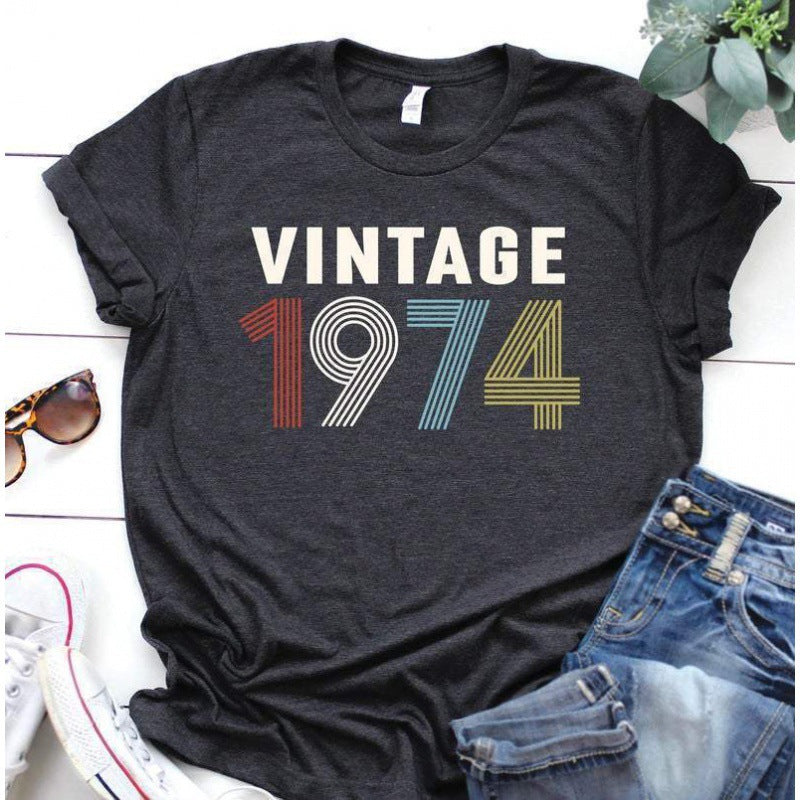 European And American Retro Color Digital Print T-shirt Short-sleeved Top