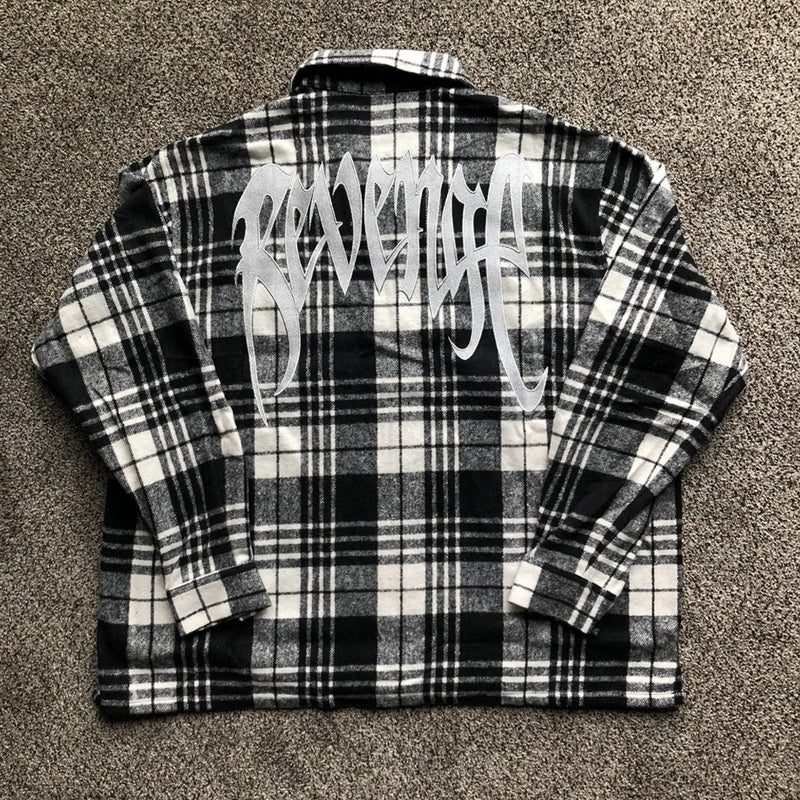 Plaid Pattern Loose Embroidered Coat Zipper Shirt