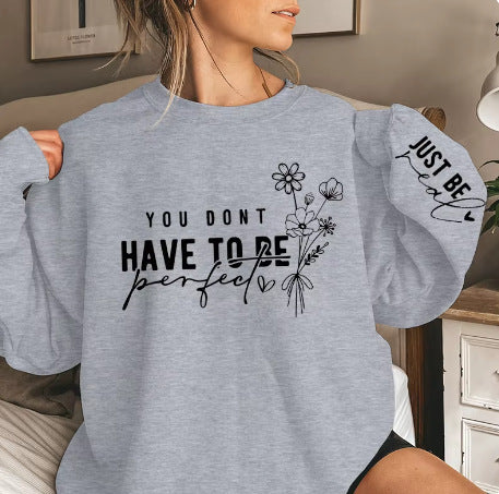 Pullover Rund Hals Lange Ærmer Blomster Bogstavprint Sweatshirt
