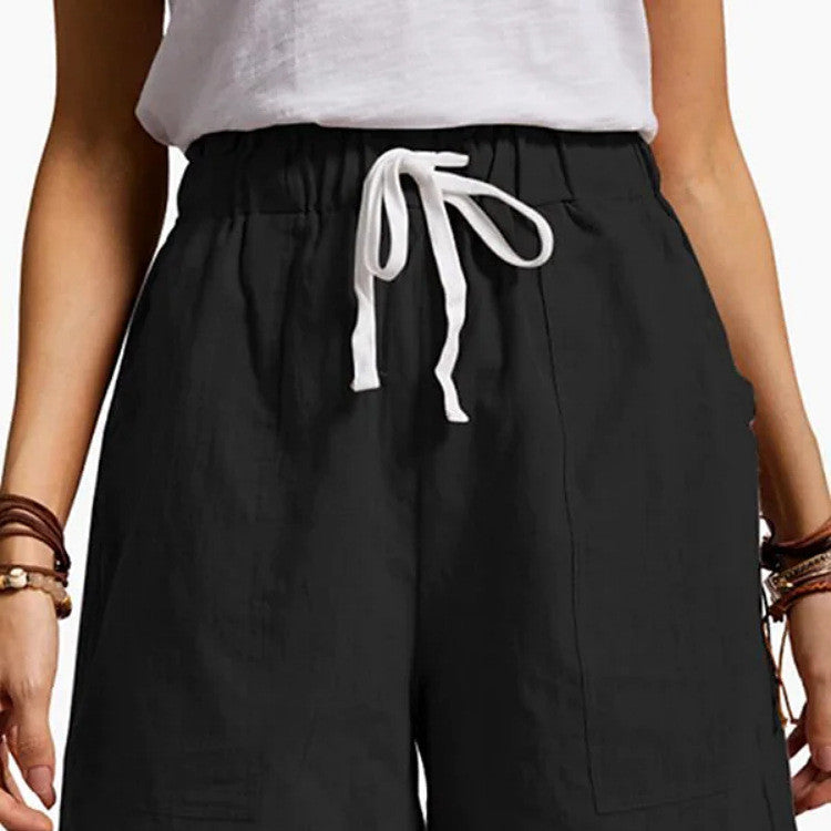Women's Fashion Solid Color Cotton Linen Elastic Waist Lacing Shorts