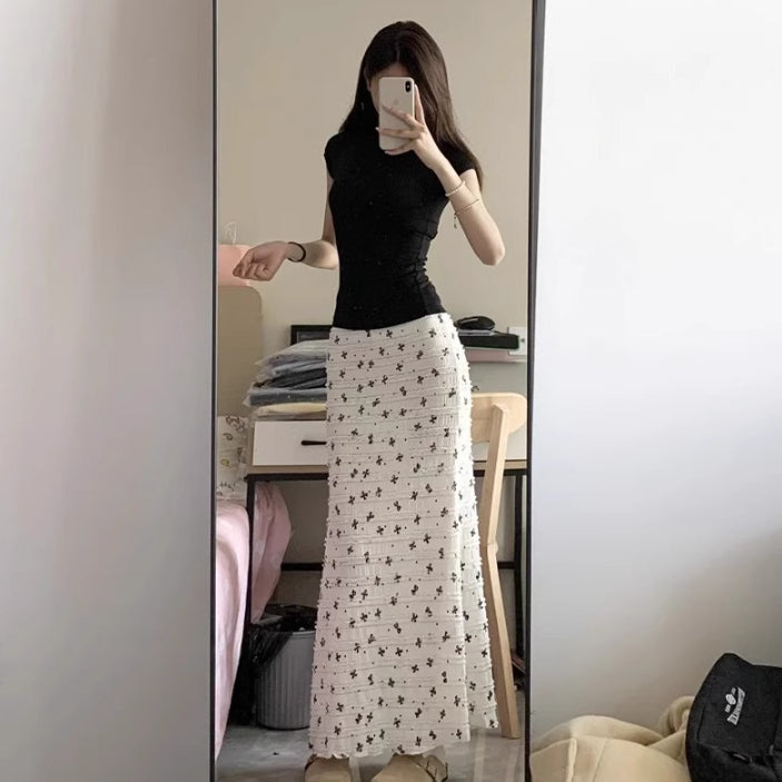 White Bow Floral Fishtail Midi Skirt For Women