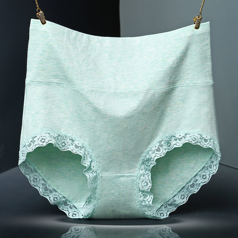 Solid Color Lace Trim Pure Cotton High Waist Briefs