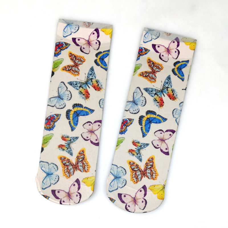 Autumn And Winter Medium Tube Stockings Elastic Retro Print Calf Socks Big Flower Pattern