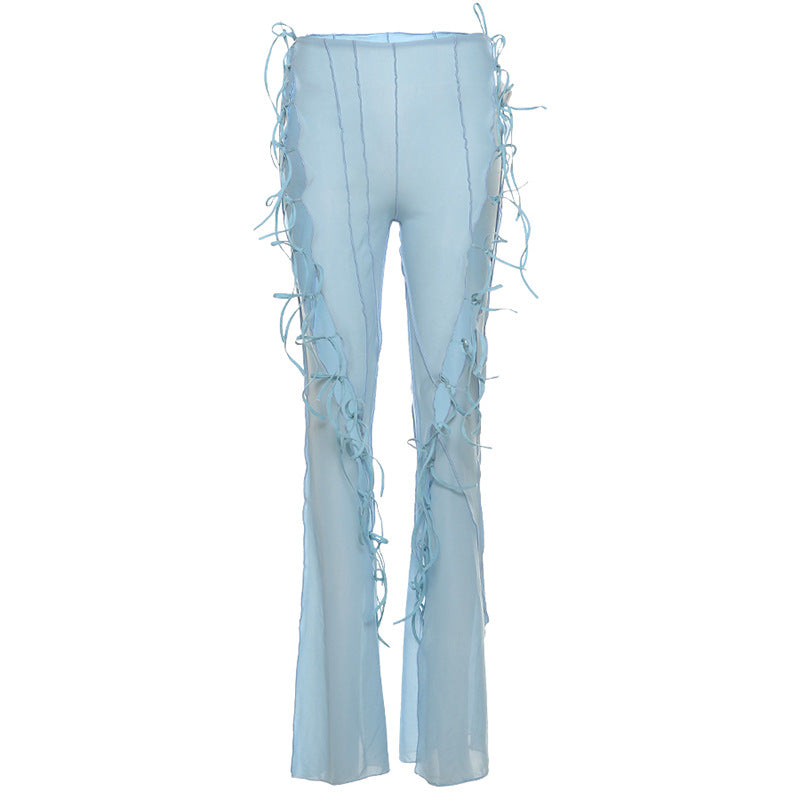 High Waist Straight Micro-Flare Hollow Lace-Up Mesh Casual Pants