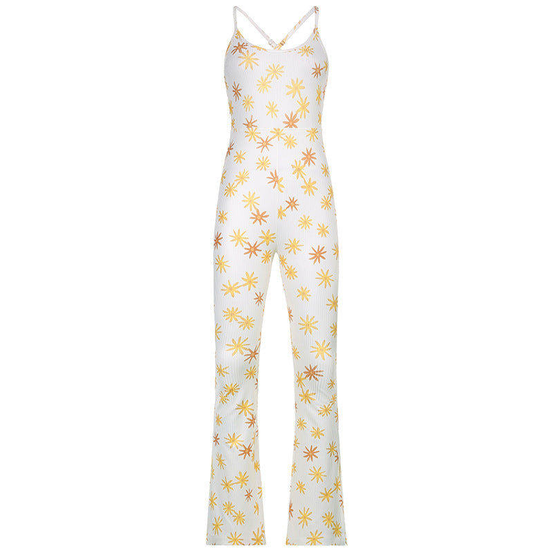 New Style European And American Printed Sling Split Jumpsuit