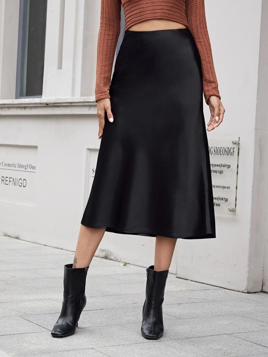 High-waist Satin Midi Skirt Spring Summer Women