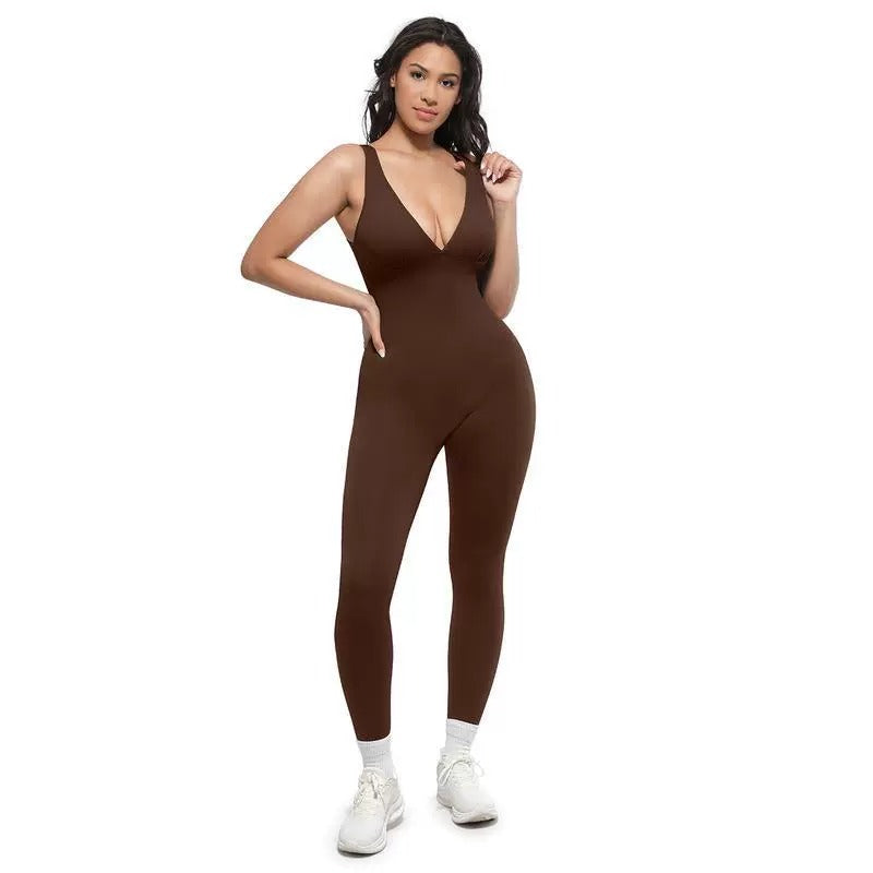 Womens Solid-Color Versatile V-Neck Yoga Jumpsuit
