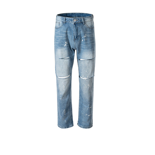 Ripped Trousers Men's And Women's Same Small Slit Paint Splashed Jeans