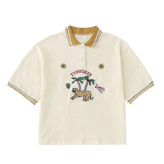 Hand-painted Illustration Embroidery Contrast Color Lapel Retro Short T-shirt Polo Shirt