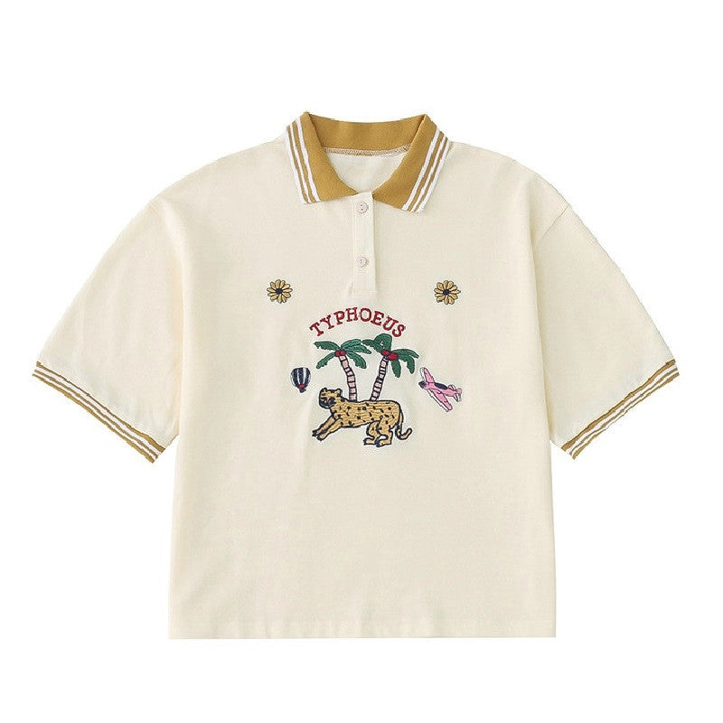 Hand-painted Illustration Embroidery Contrast Color Lapel Retro Short T-shirt Polo Shirt