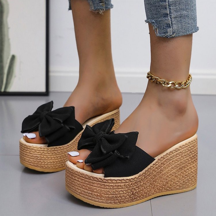 Women's Fashion Simple Bow Slope With Thick Bottom Slippers