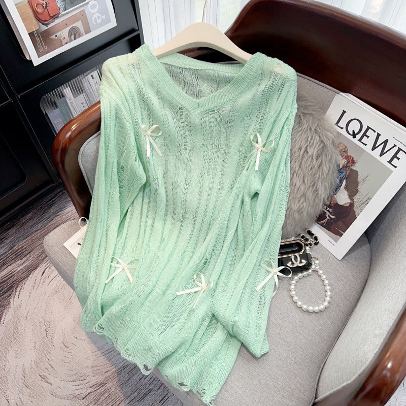 Irregular Hollow-out Blouse Bowknot Knitted Sweater