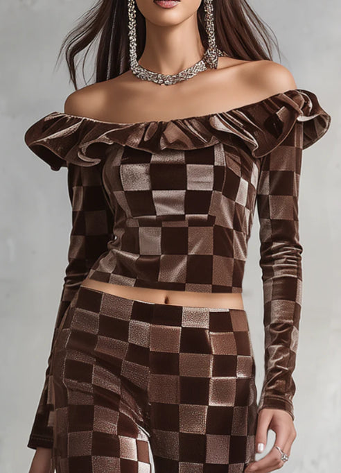 Sporty And Elegant Ruffle Off the shoulder Velvet T shirt And Pants Set