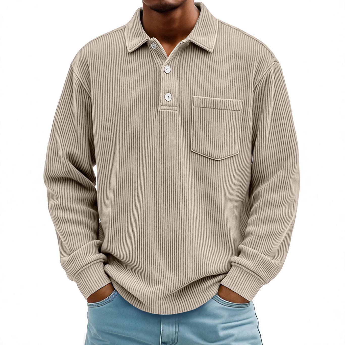 Mens Long-sleeve Polo Shirt Casual Corduroy-striped Top