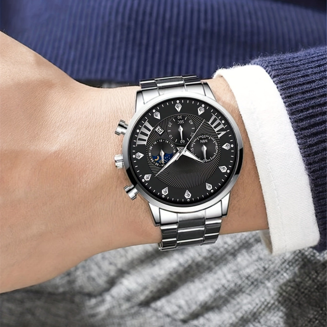Diamond Men's Steel Strap Watch Sun Moon Star Calendar Quartz