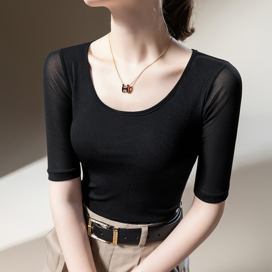 Elegant Langærmet Mesh T-shirt til Kvinder Ensfarvet Taljestretch Top